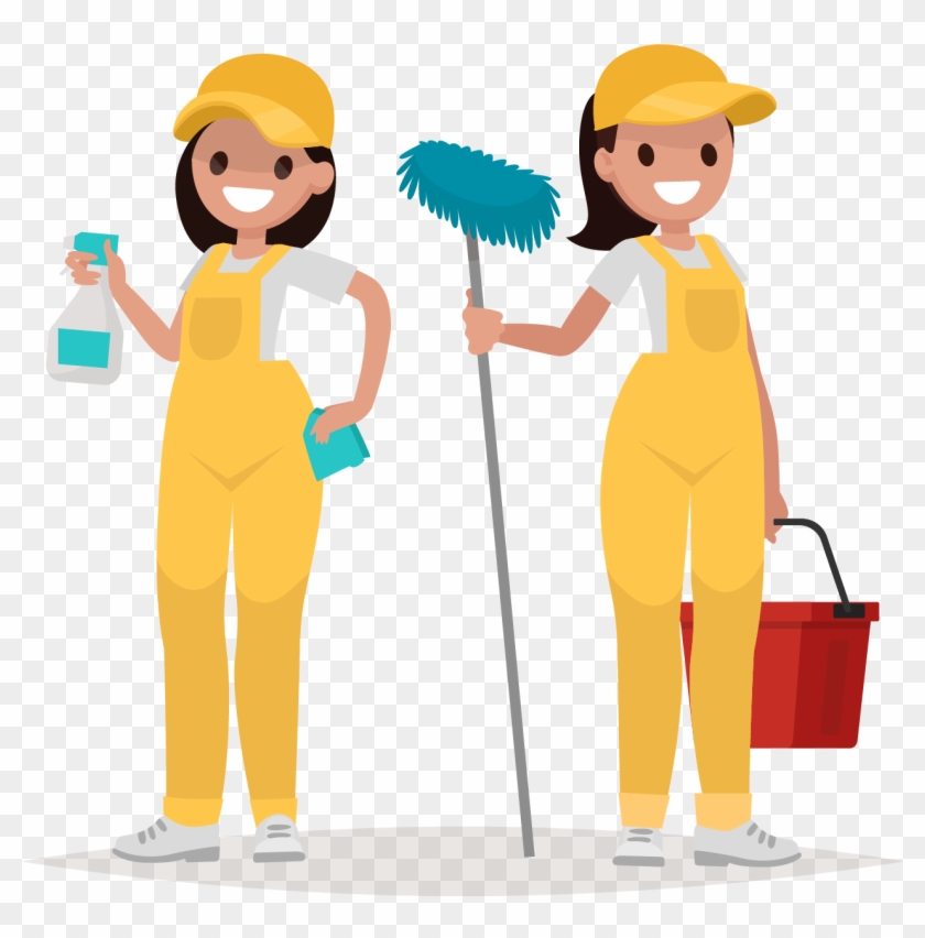 Two smiling female cleaners in yellow uniforms holding cleaning tools and supplies.