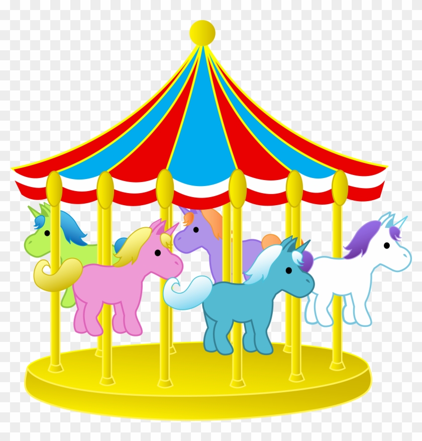 Colorful carousel with five pastel unicorns under a red, blue, and yellow striped canopy on a yellow base.