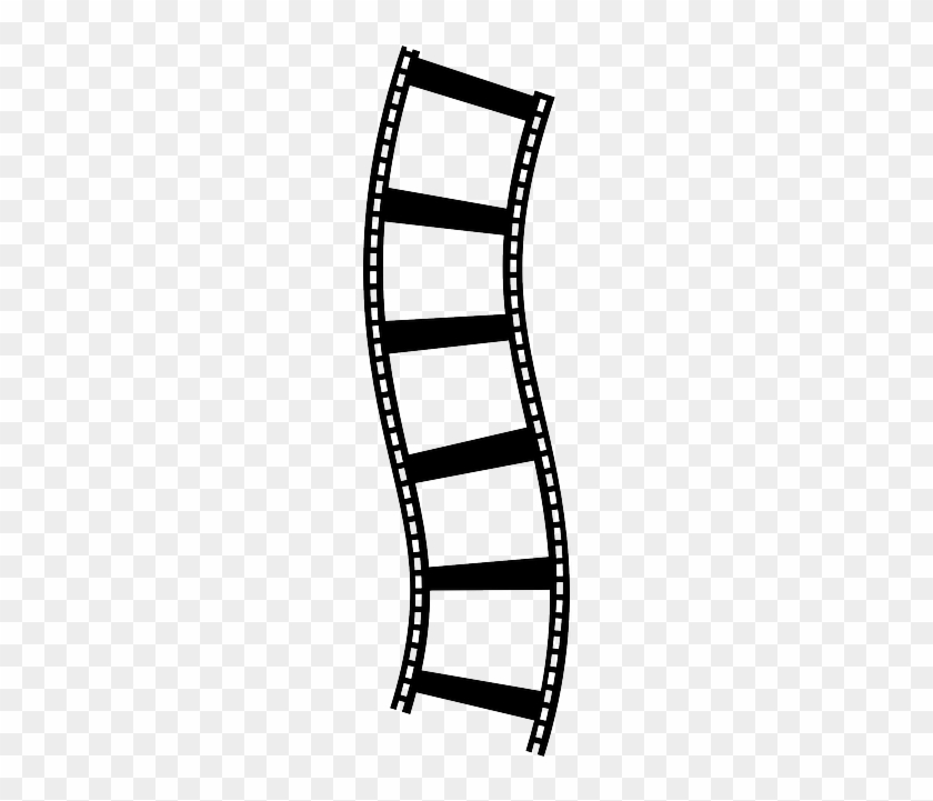Curved black-and-white film strip with sprocket holes, stylized icon on transparent background.