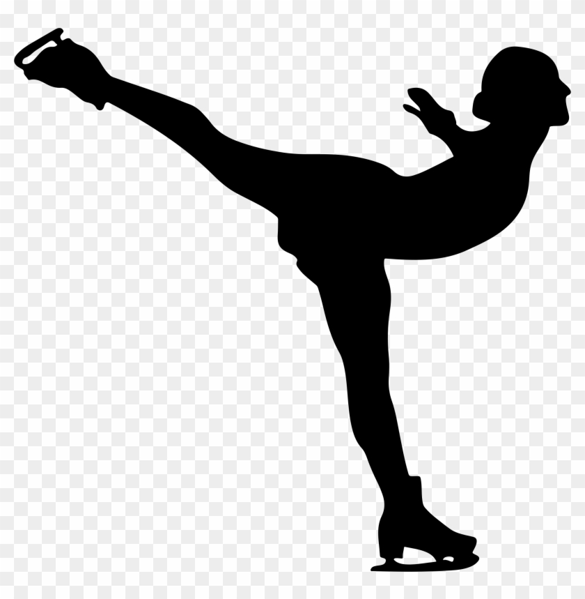 Silhouette of a figure skater performing a high leg extension on ice.