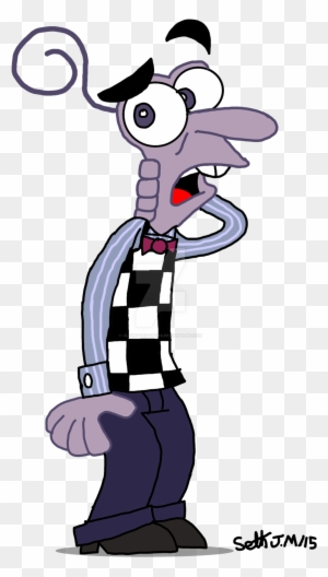 A cartoon purple character with large eyes, a spiral antenna, wearing a checkered vest and bowtie, looking surprised or shocked.