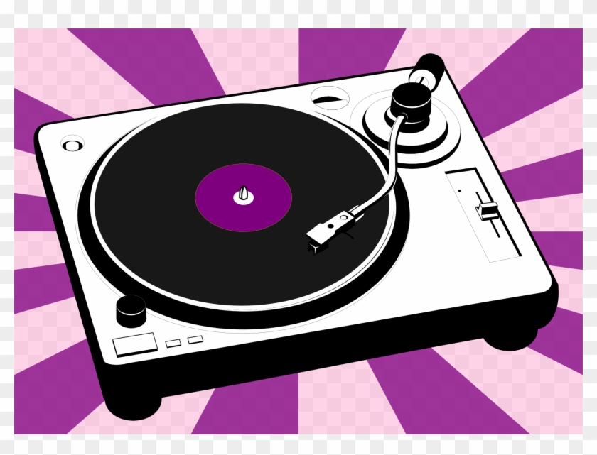 Stylized illustration of a white turntable with black vinyl record and purple label, set against a vibrant purple-and-pink sunburst background.