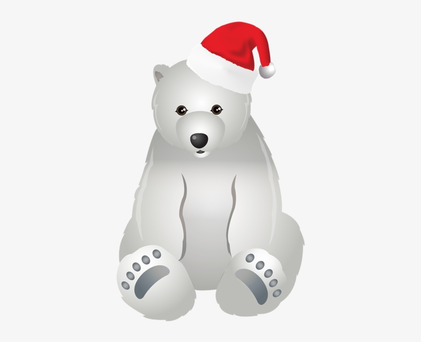 Cute cartoon polar bear sitting upright wearing a red Santa hat with white trim and pom-pom.