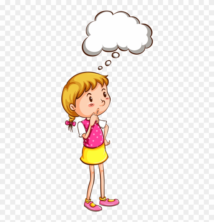 Cartoon girl with blonde pigtails thinking, hand on chin, thought bubble above head.