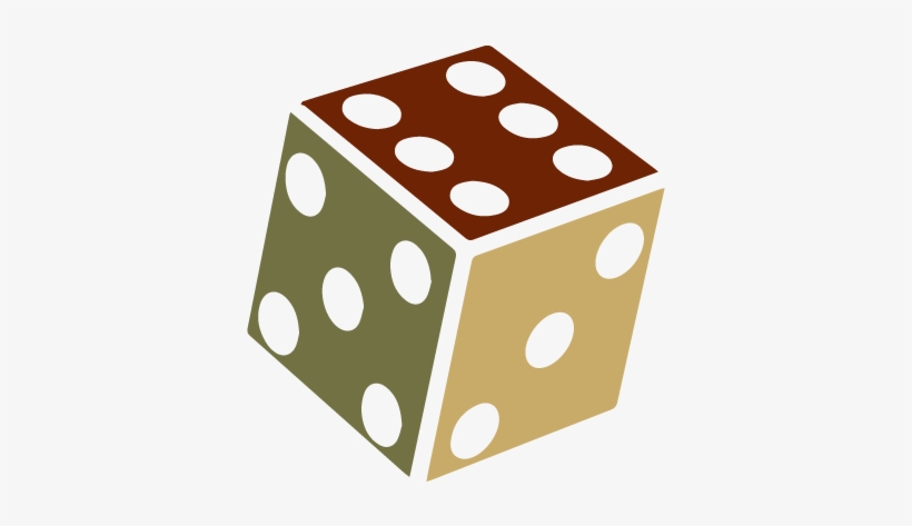 A three-dimensional die with brown, olive green, and tan faces showing pips for 6, 5, and 3 respectively.
