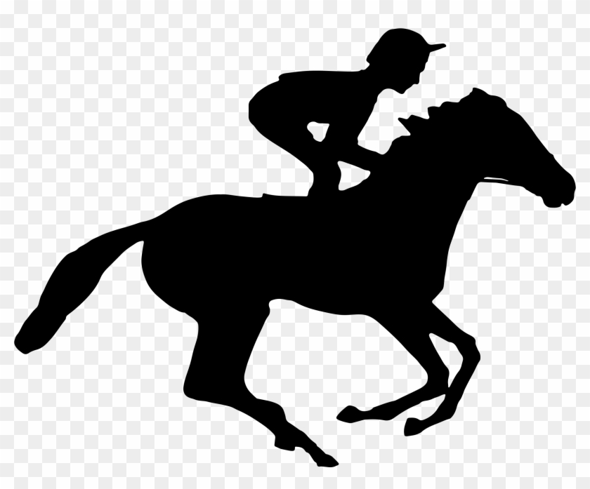 Silhouette of a jockey riding a galloping racehorse in mid-stride.