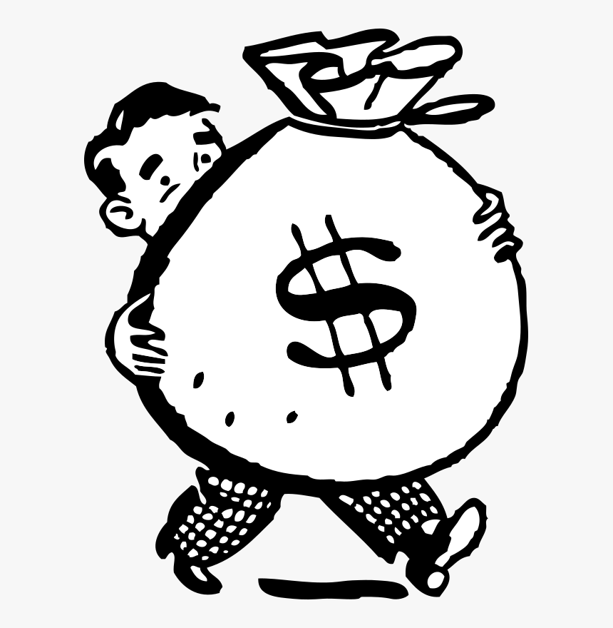 Man struggling to carry a large money bag with dollar sign, cartoon style.
