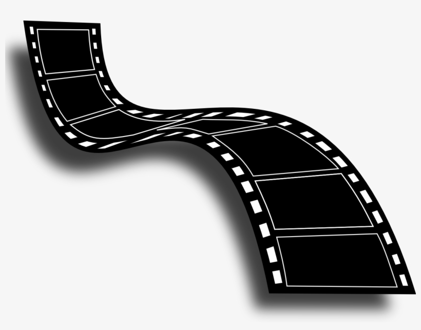 Black film strip with sprocket holes curving across a light background, casting a soft shadow.