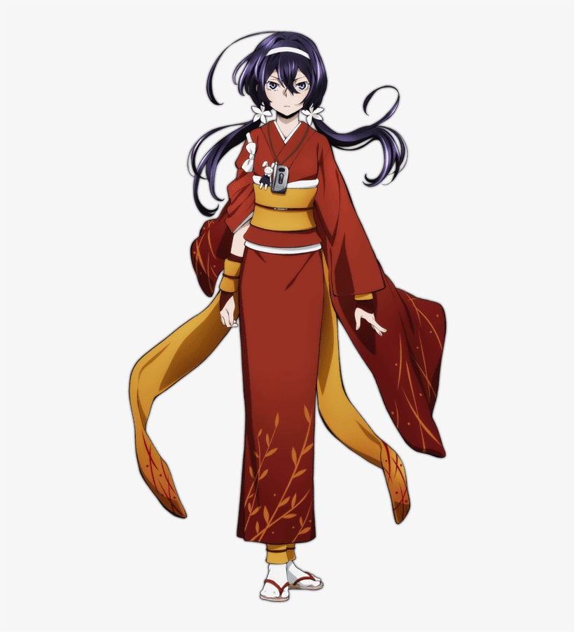 Anime girl with long purple hair wearing a red and gold kimono with floral patterns and white geta sandals.