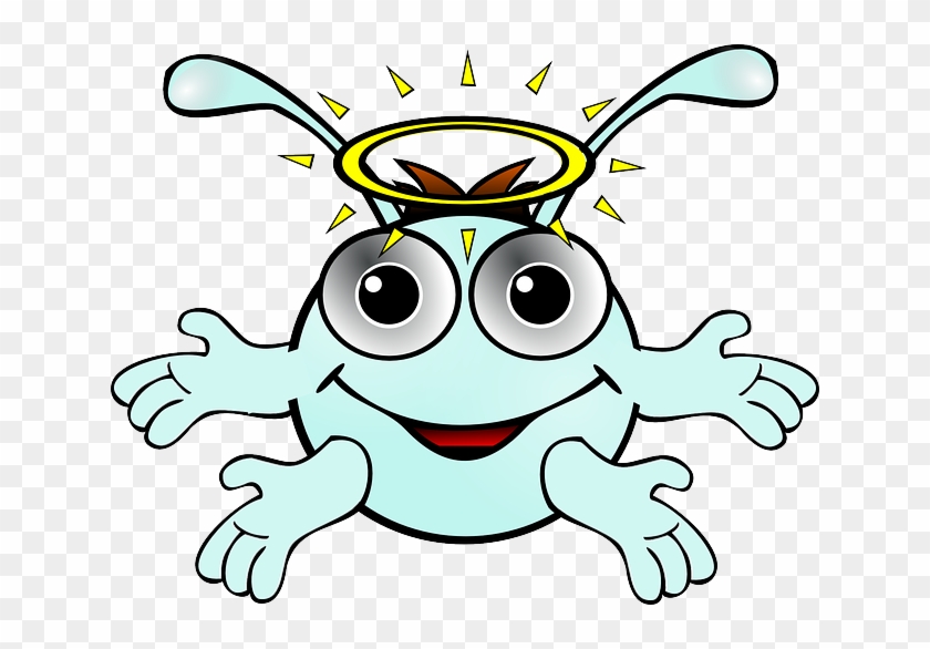 Cheerful light-blue cartoon creature with halo, big eyes, and outstretched arms on transparent background.