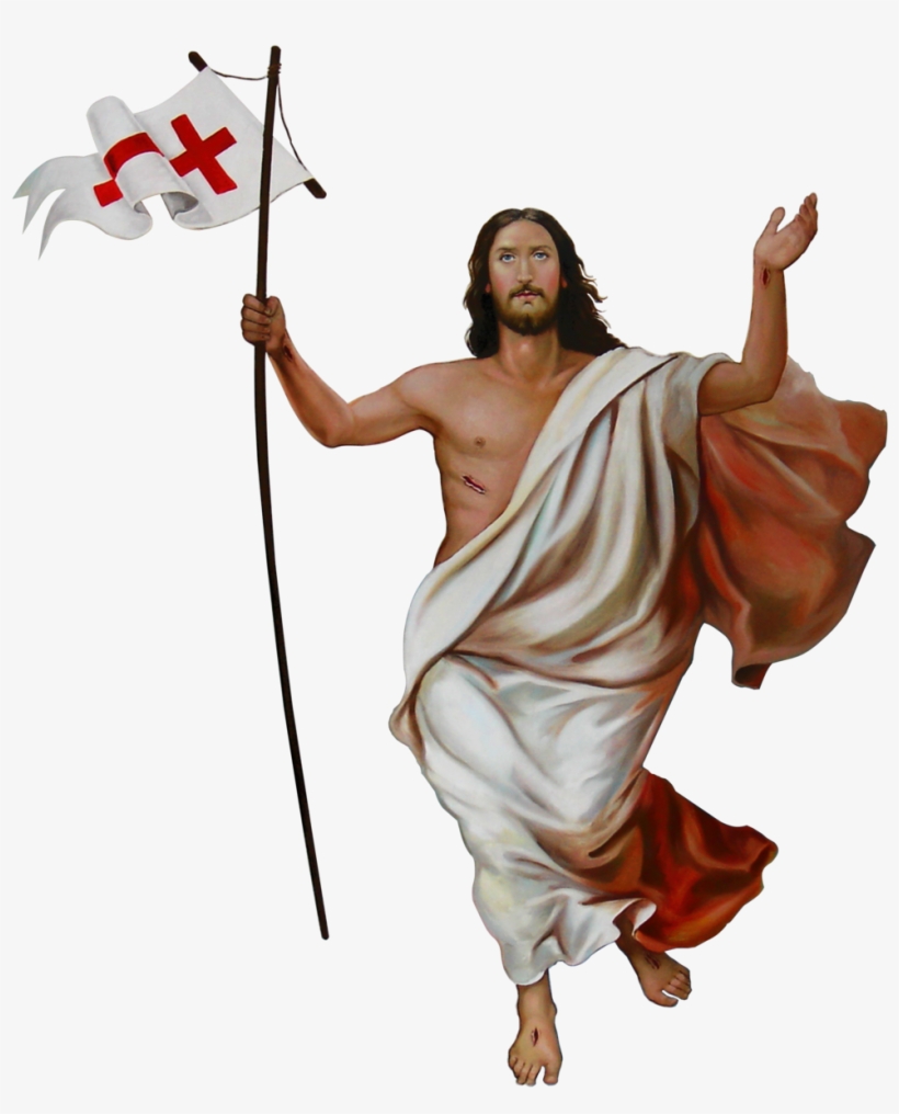 Resurrected Jesus holding a white flag with red cross, draped in flowing robes, wounds visible, ascending triumphantly.