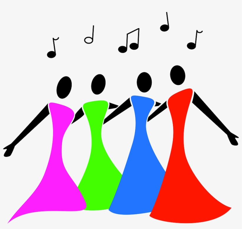 Four stylized singers in colorful dresses with musical notes above them, symbolizing harmony and performance.