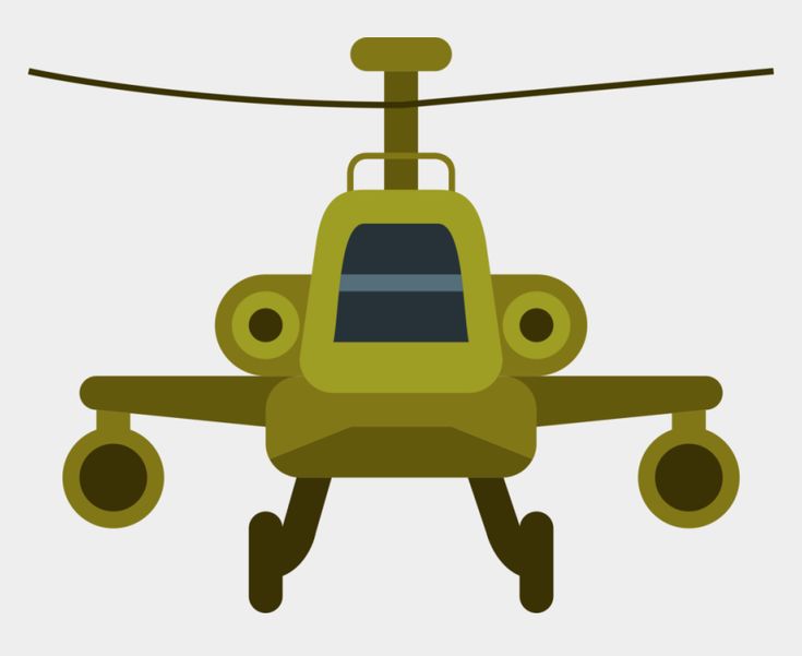 Olive-green military attack helicopter with twin engines, rotor blades, and landing gear, front-facing flat-style illustration.
