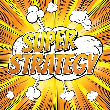 Comic-style "Super Strategy" text in bold yellow-orange font inside a white explosion cloud with dynamic rays and smoke puffs.