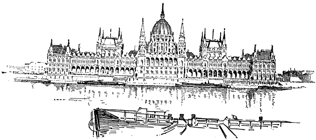Black-and-white line drawing of the Hungarian Parliament Building along the Danube River with boats in foreground.
