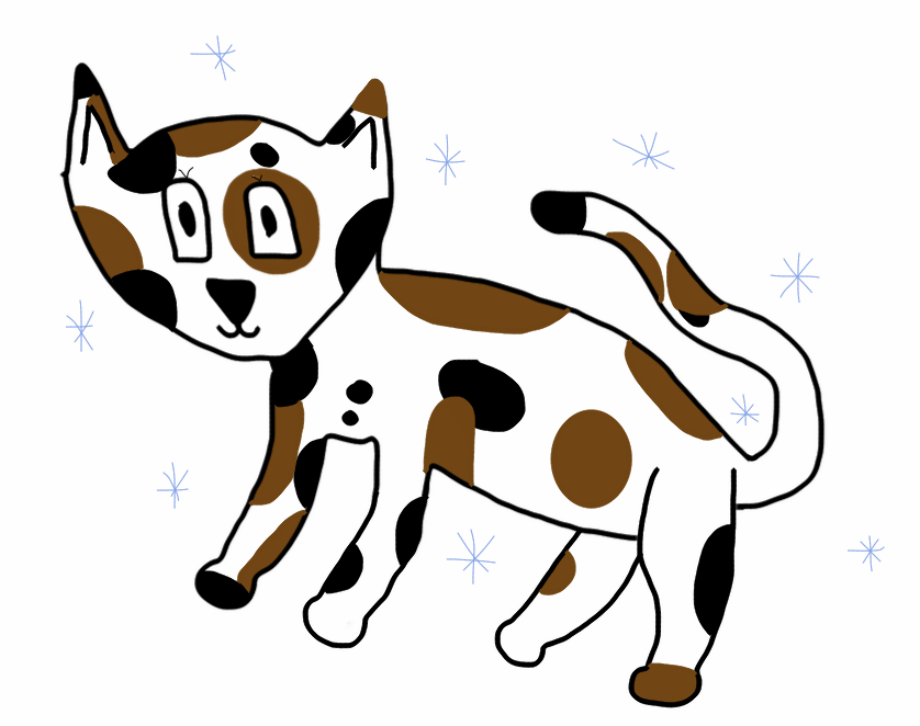 A whimsical hand-drawn calico cat with brown, black, and white patches, surrounded by blue starbursts.