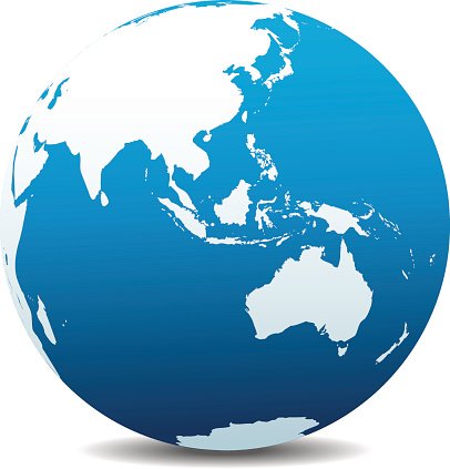 Blue globe showing Asia, Australia, and surrounding regions with white landmasses and gradient ocean.