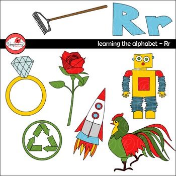 Alphabet learning illustration featuring R-themed items: rake, ring, rose, robot, rocket, rooster, recycling symbol, and letter R.