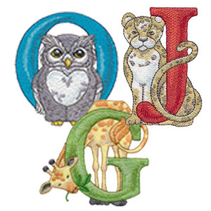 Embroidered alphabet letters O, J, and G featuring an owl, lion cub, and giraffe respectively.