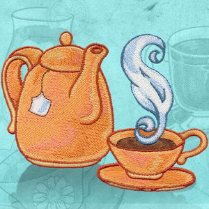 Embroidered orange teapot and teacup with steam swirl on teal background, stylized textile art.