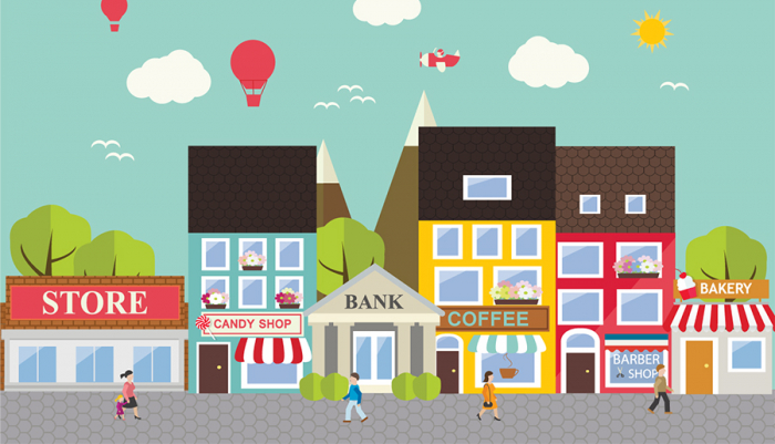 Vibrant Town Street Illustration - Local Businesses & Community Life