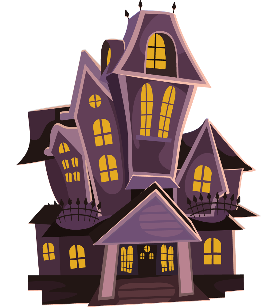 Spooky purple haunted house with glowing yellow windows, crooked towers, and spiked fence against black background.