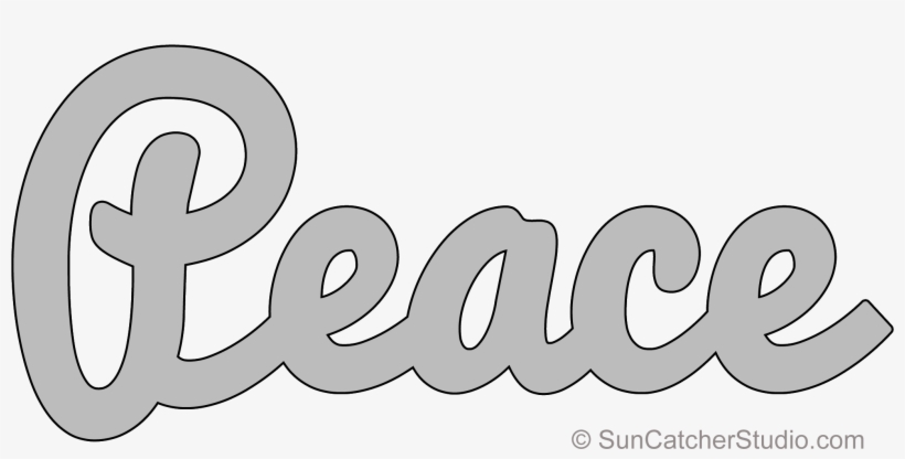 Gray cursive "Peace" word art on white background, stylized script font design.