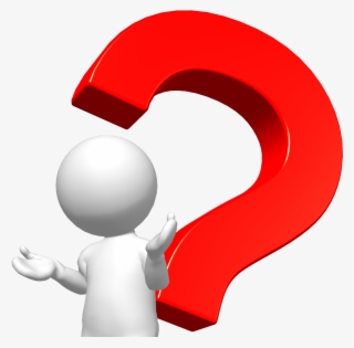 White 3D figure gesturing toward a large red question mark, symbolizing inquiry or confusion.