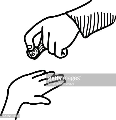 A line drawing of one hand giving a coin to another open hand, symbolizing charity, donation, or financial transaction.
