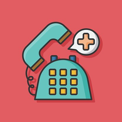 Teal retro rotary phone with a speech bubble containing a medical cross, symbolizing healthcare contact or emergency calling.