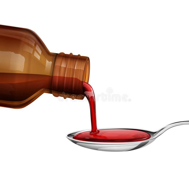 Red liquid medicine being poured from a brown bottle into a silver spoon against white background.