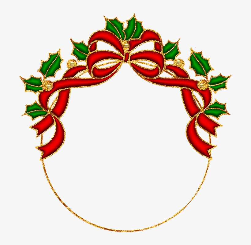 Festive red ribbon and green holly wreath with gold trim, forming a decorative circular frame.
