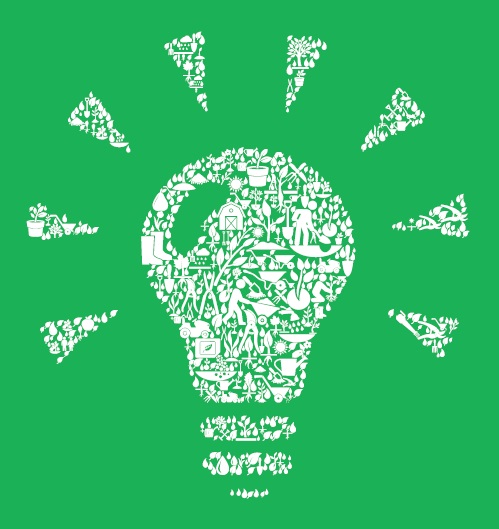 Green lightbulb composed of white eco-friendly icons like plants, tools, and sustainability symbols on a green background.