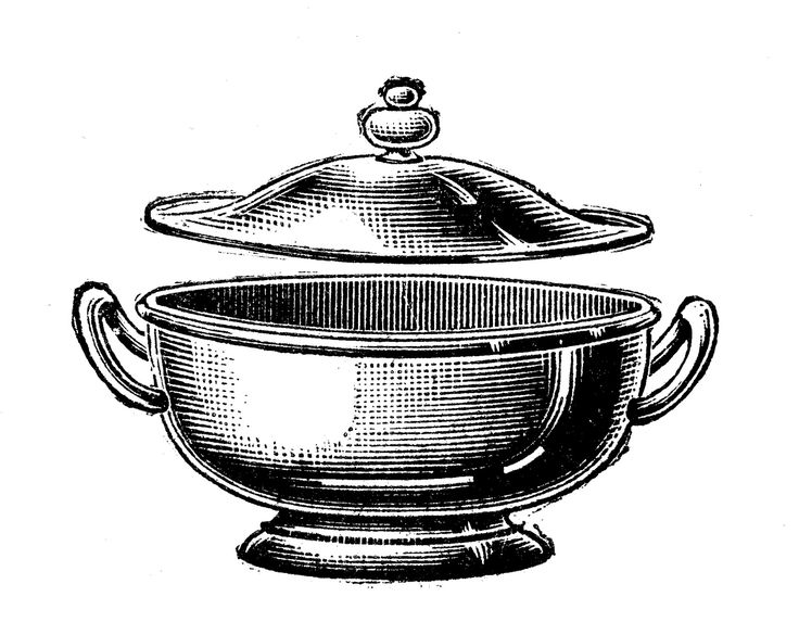 Vintage engraved illustration of a lidded silver tureen with ornate handles and pedestal base.