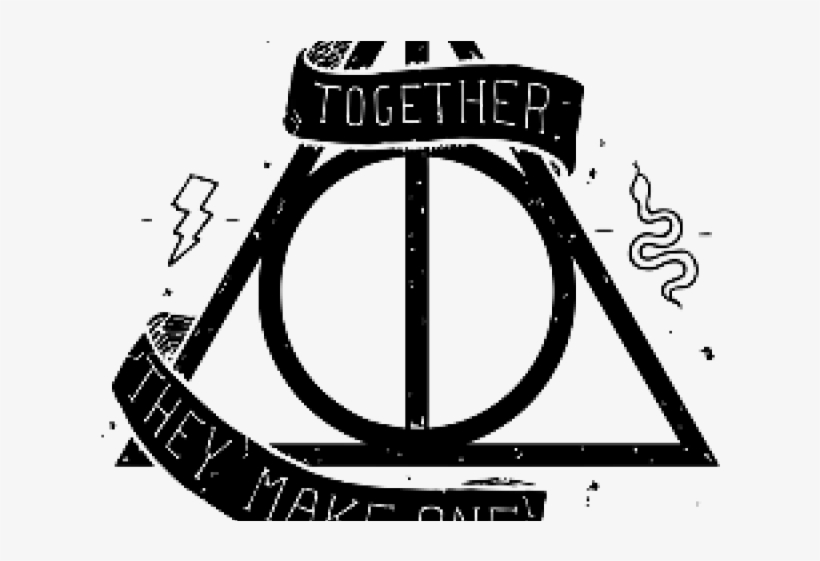 Harry Potter Deathly Hallows symbol with "Together They Make One" banner, lightning bolt and snake motifs.