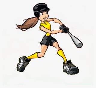 Cartoon female softball player in yellow uniform swinging bat with helmet and cleats.
