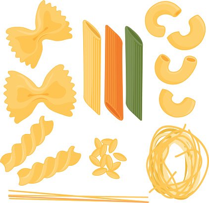 Assorted pasta shapes including bowtie, penne, fusilli, macaroni, spaghetti, and orzo on white background.