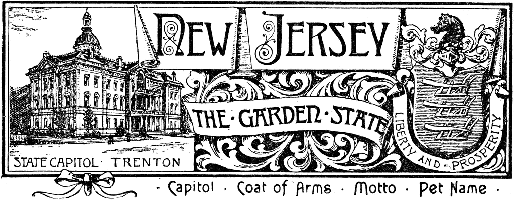 Historic illustration of New Jersey State Capitol in Trenton, with coat of arms, motto "Liberty and Prosperity", and "The Garden State" banner.