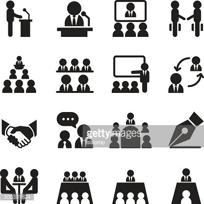 Black-and-white vector icons depicting business meetings, presentations, negotiations, and corporate teamwork scenarios.