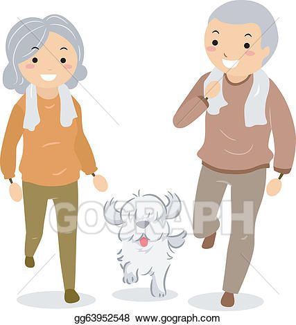 Smiling elderly couple walking a happy white dog, towels around necks, enjoying outdoor exercise together.