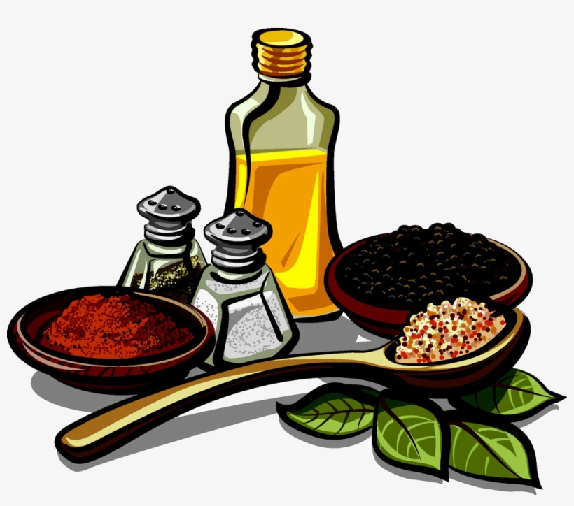 A colorful arrangement of cooking essentials: olive oil, salt, pepper, paprika, peppercorns, mixed spices, and fresh herbs.