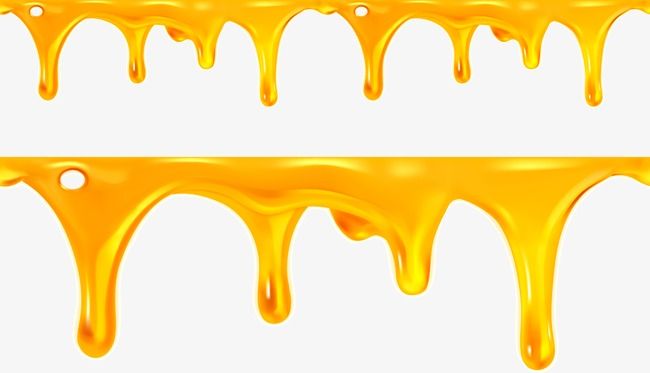 Golden honey or syrup dripping in glossy streams against white background