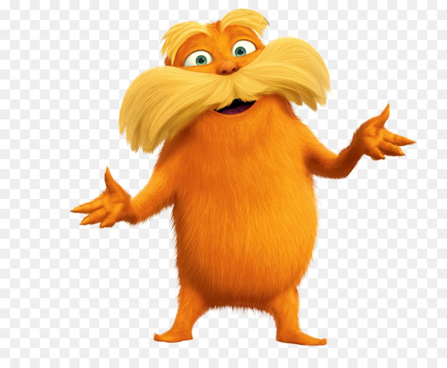 The Lorax, an orange, mustachioed creature with fluffy yellow hair and expressive green eyes, gestures cheerfully.