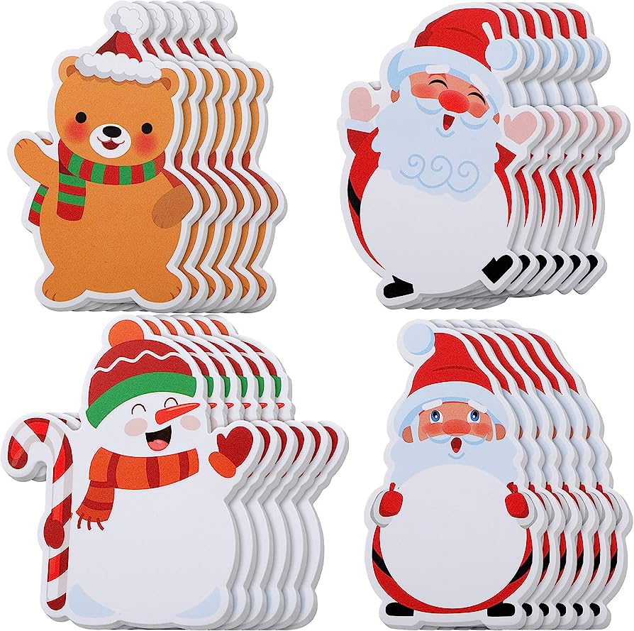 Four stacks of festive Christmas character cutouts: bear, Santa Claus (two styles), and snowman, each with holiday accessories.