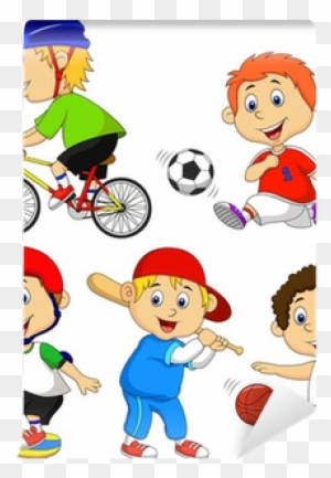 Cartoon children playing soccer, baseball, basketball, and cycling in colorful sportswear.