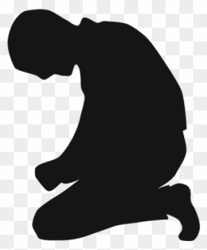 Black silhouette of a person kneeling in prayer, head bowed, on transparent background.