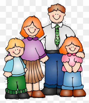Cartoon illustration of a smiling family of four-father, mother, son, and daughter-standing together in casual clothing.