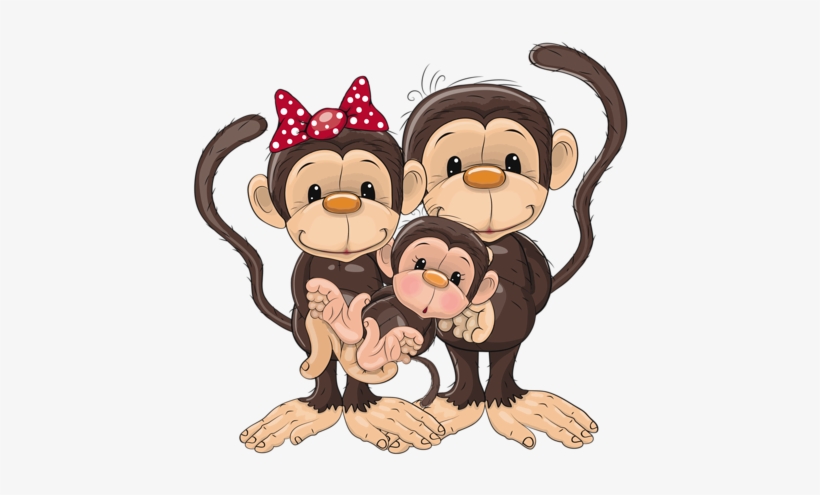A cartoon monkey family of three-mother with red polka-dot bow, father, and baby-hugging warmly on a white background.
