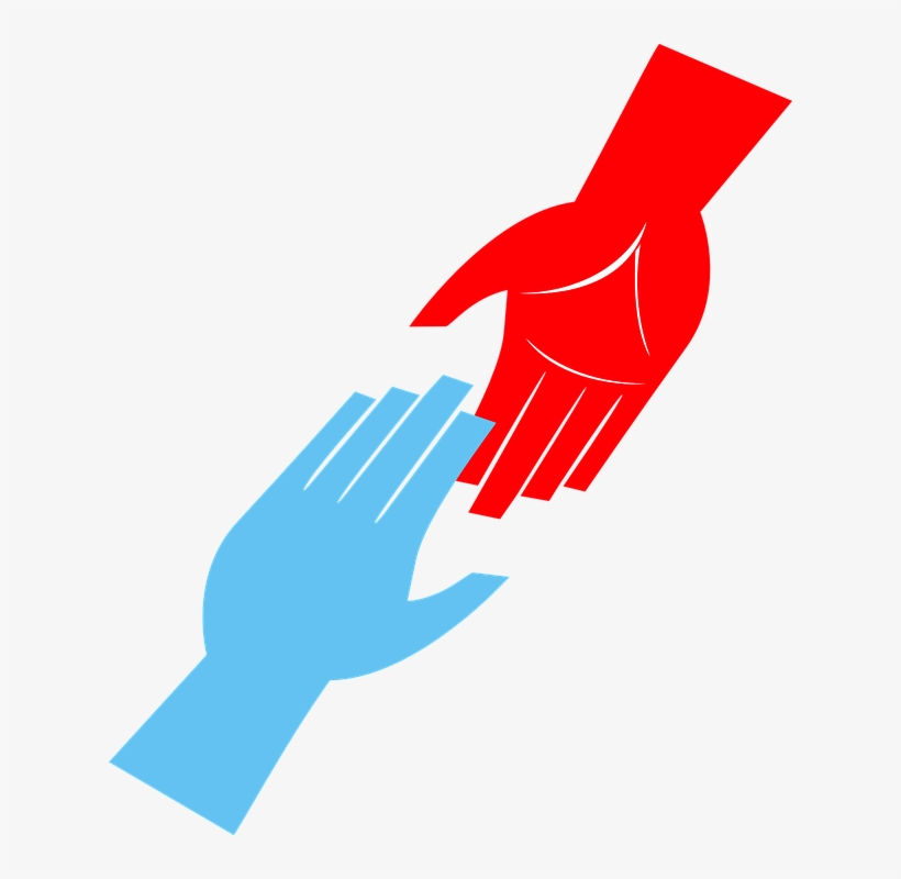 Red and blue stylized hands reaching toward each other, symbolizing help, support, or connection.