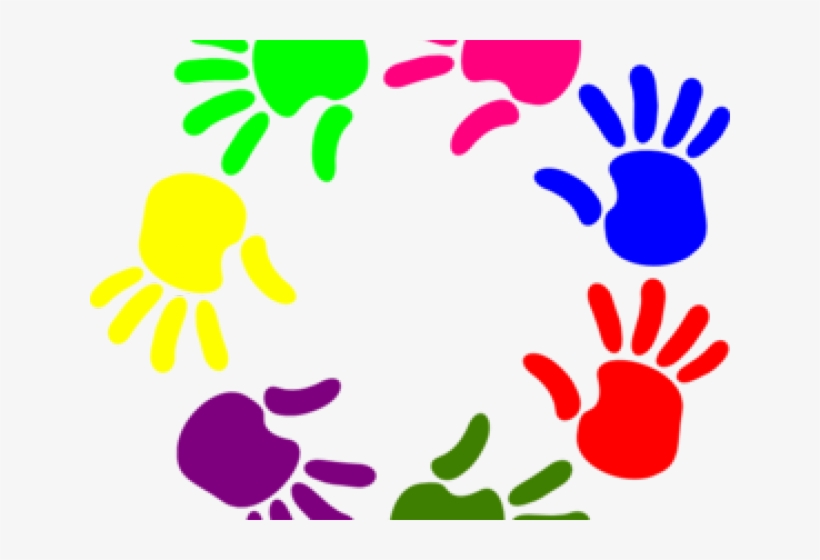 Colorful handprints arranged in a circle, symbolizing unity, diversity, and childhood creativity.